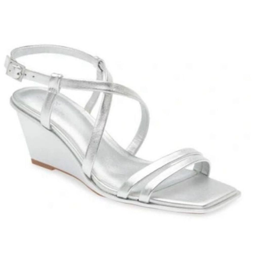 Caslon Nordstrom Silver Leather Low Wedge Square Toe Strappy Sandals sz 6.5 EUC